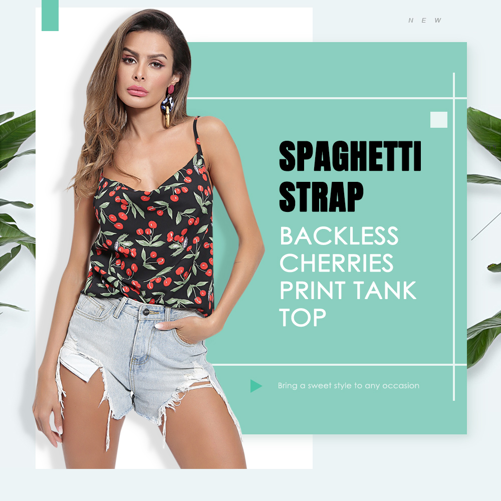 Spaghetti Strap Backless Cherries Print Women Tank Top