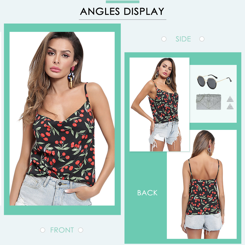 Spaghetti Strap Backless Cherries Print Women Tank Top