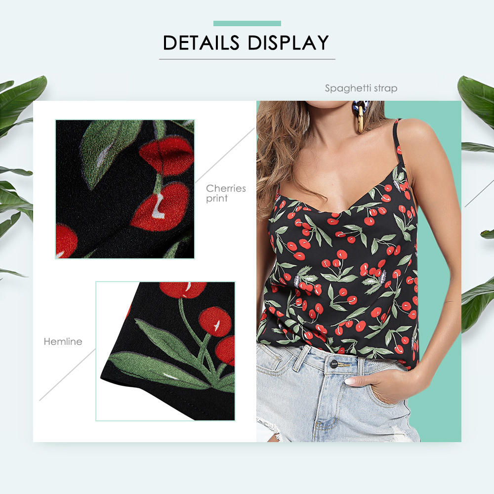 Spaghetti Strap Backless Cherries Print Women Tank Top