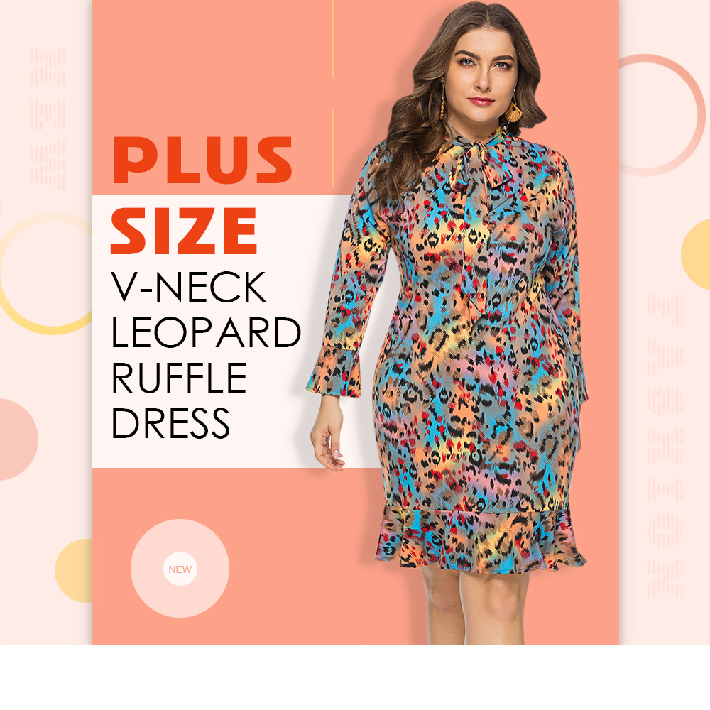 ZEZCLO Plus Size V-neck Bowknot Leopard Ruffle Dress