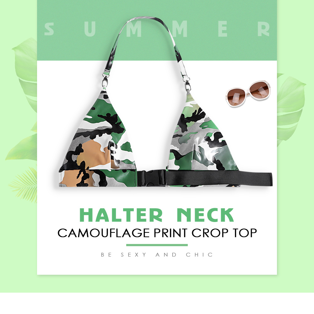 Halter Neck Backless Camouflage Print Front Buckle Bralette Women Crop Top