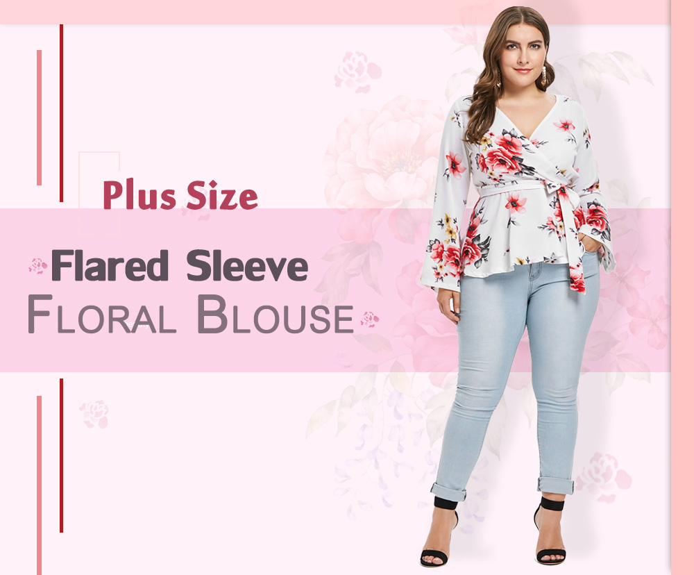 Plus Size Flared Sleeve Floral Blouse