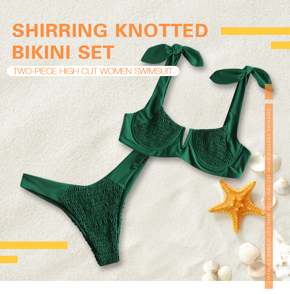Shirring Knotted Bikini Set Two-piece High Cut Women Swimsuit