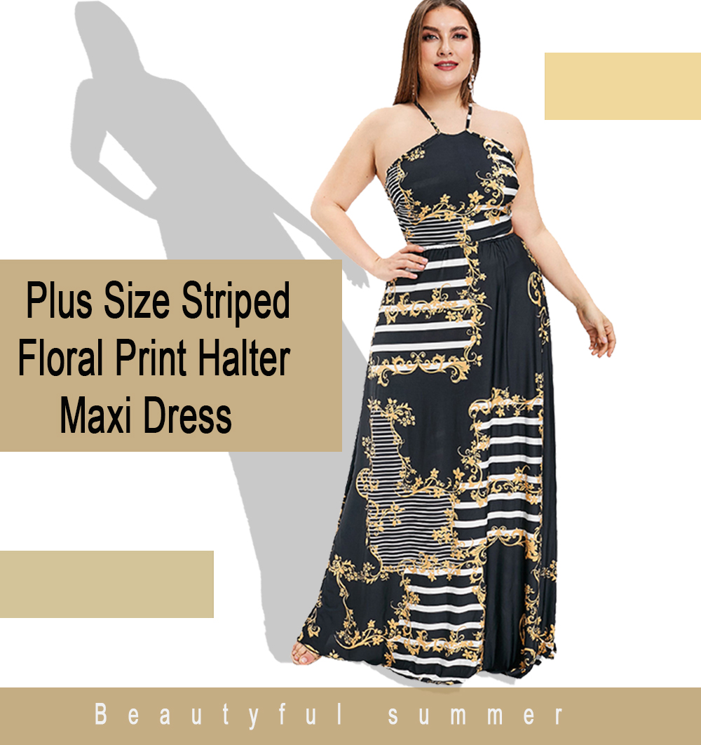 Plus Size Striped and Floral Print Halter Maxi Dress