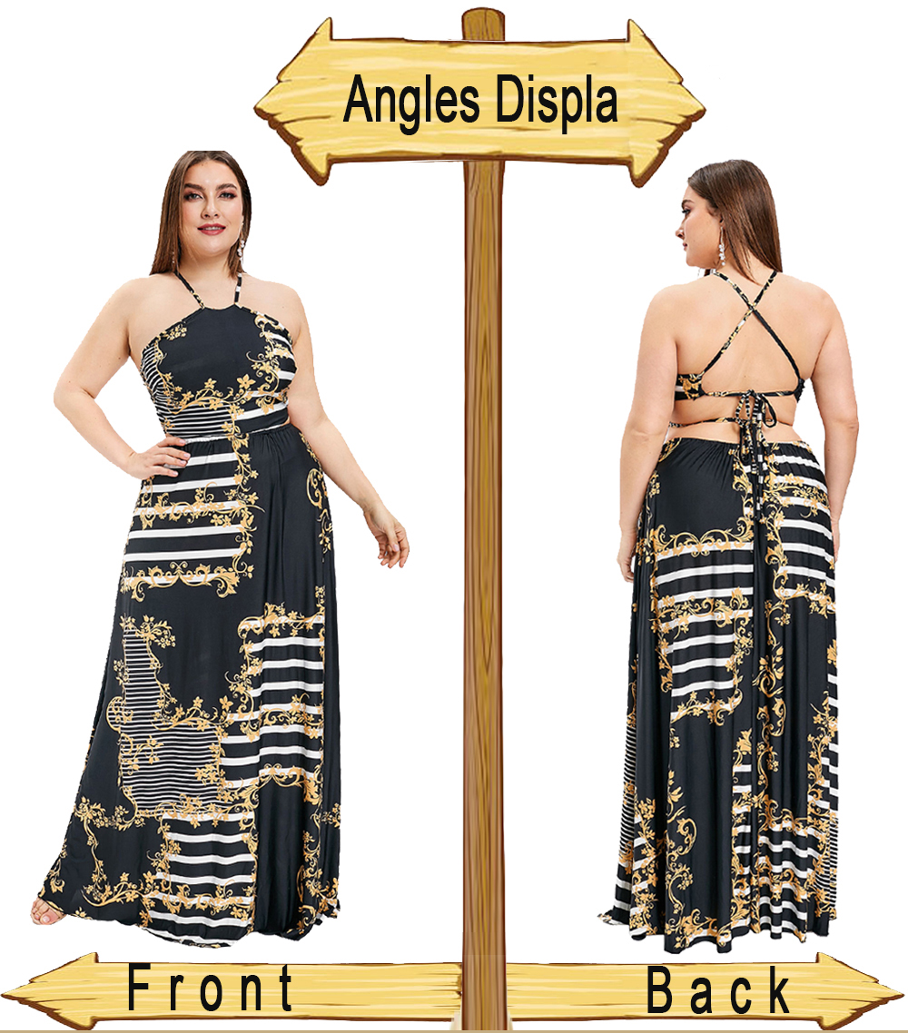 Plus Size Striped and Floral Print Halter Maxi Dress