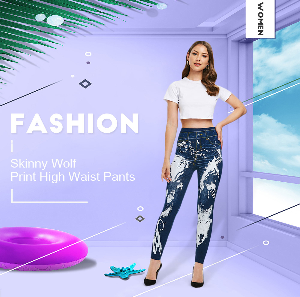 Wolf Print High Waist Skinny Pants