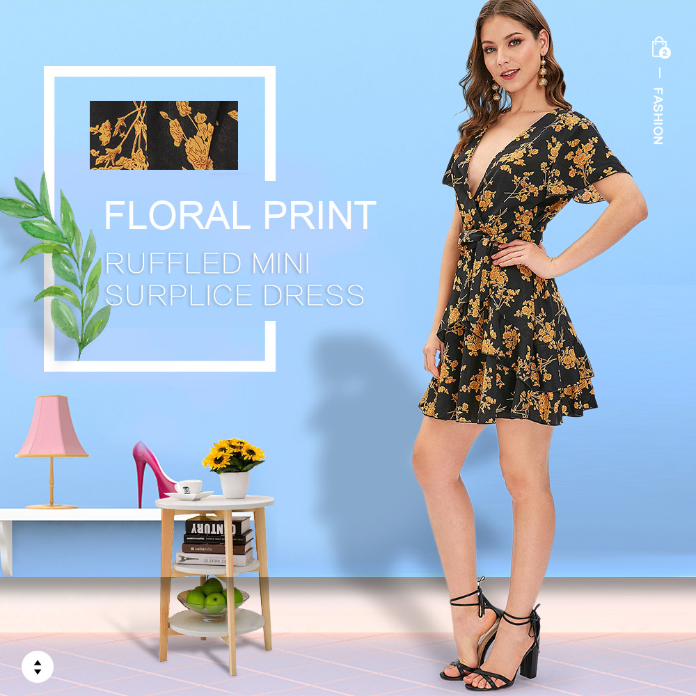 Floral Print Ruffled Mini Surplice Dress