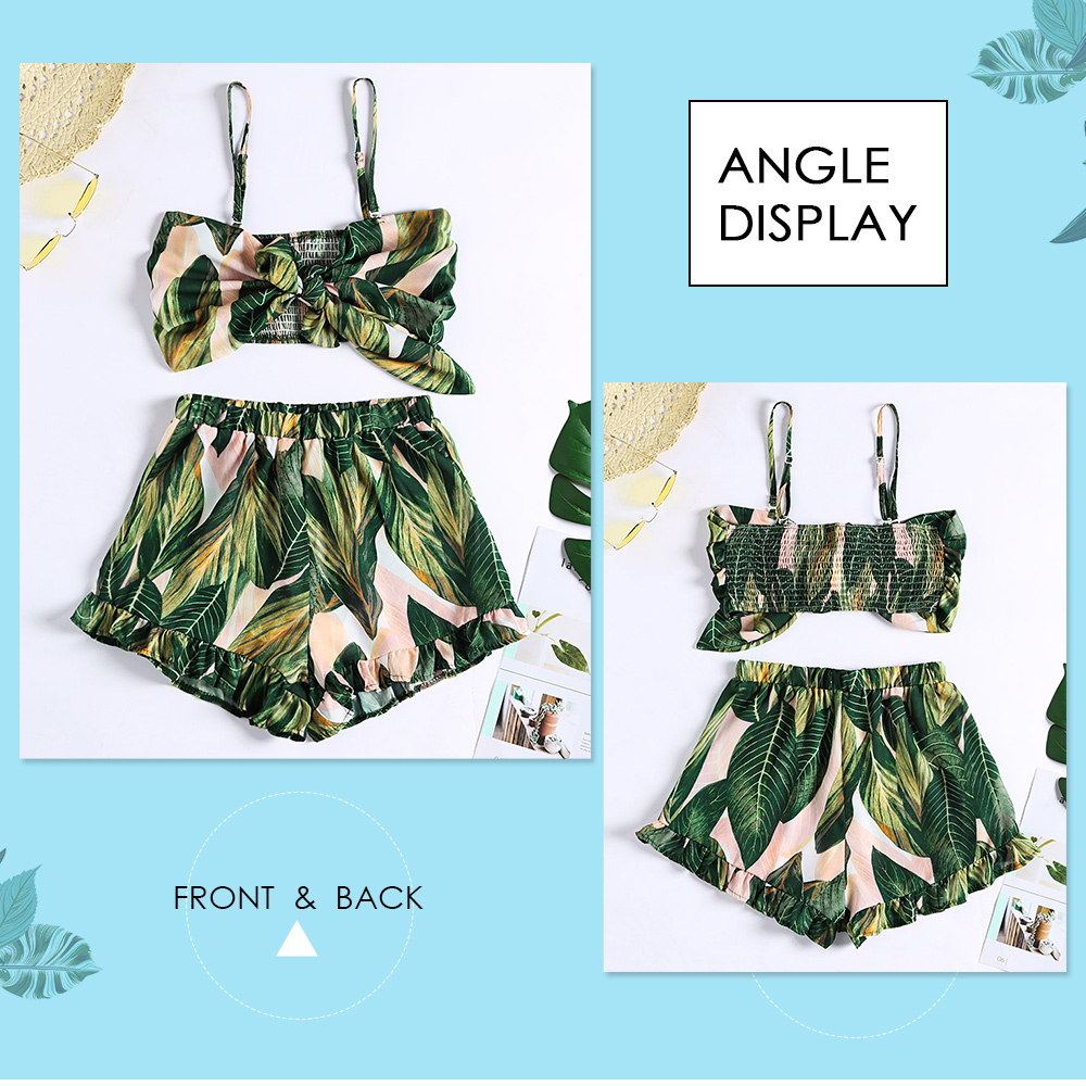 Spaghetti Strap Backless Bowknot Leaf Print Crop Top Elastic Ruffle Shorts Women Two-piece Suit