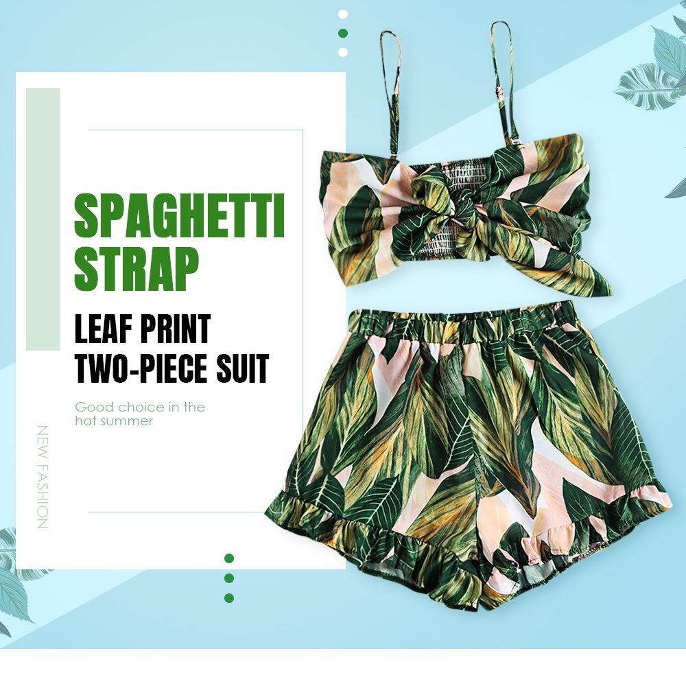 Spaghetti Strap Backless Bowknot Leaf Print Crop Top Elastic Ruffle Shorts Women Two-piece Suit