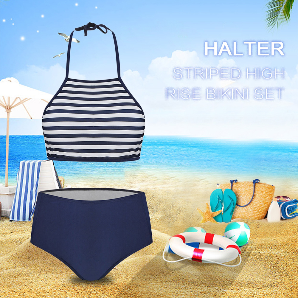 Halter Striped High Rise Bikini Set