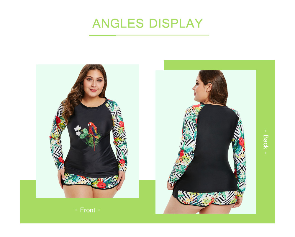 Plus Size Parrot and Floral Print Surf Bathing Suit