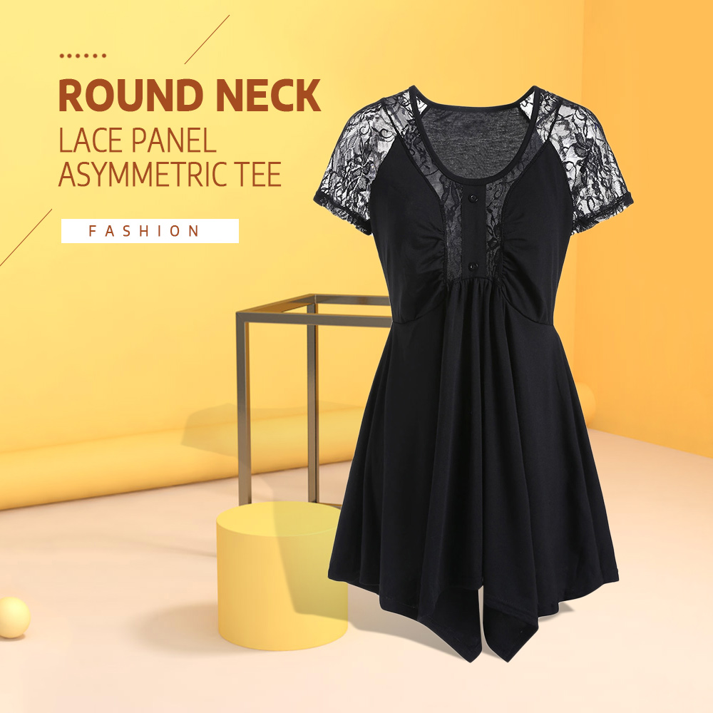 Scoop Neck Lace Panel Asymmetric Tee