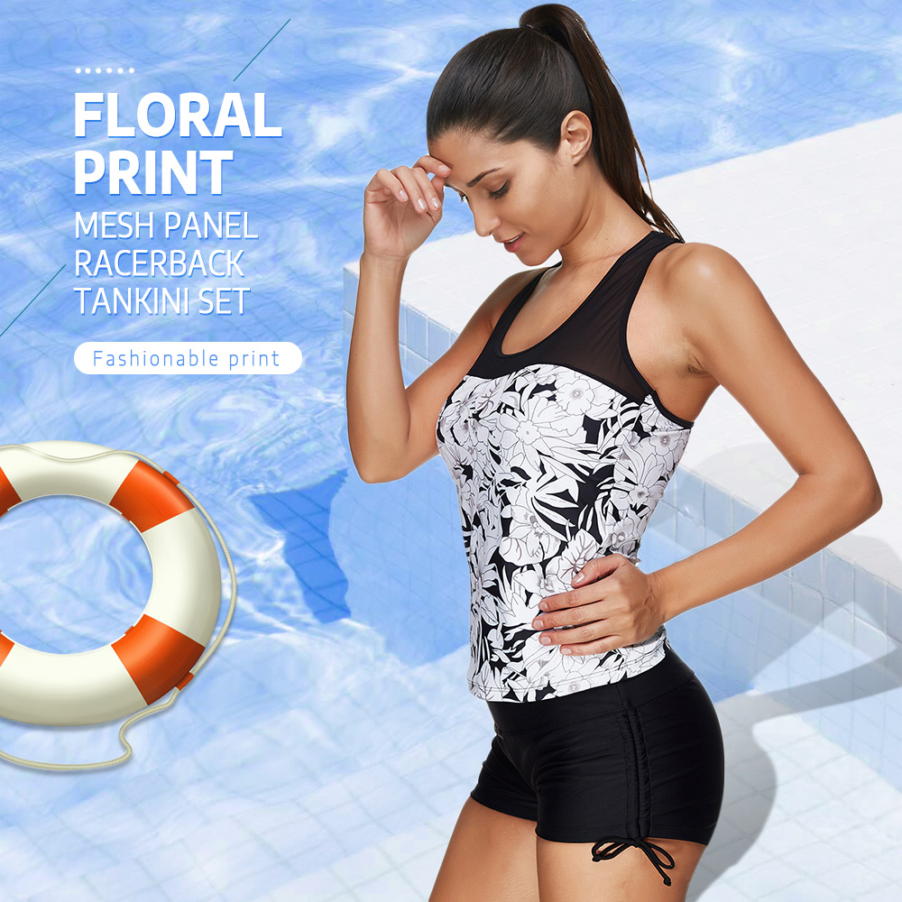 U Neck Floral Print Mesh Panel Tankini Set