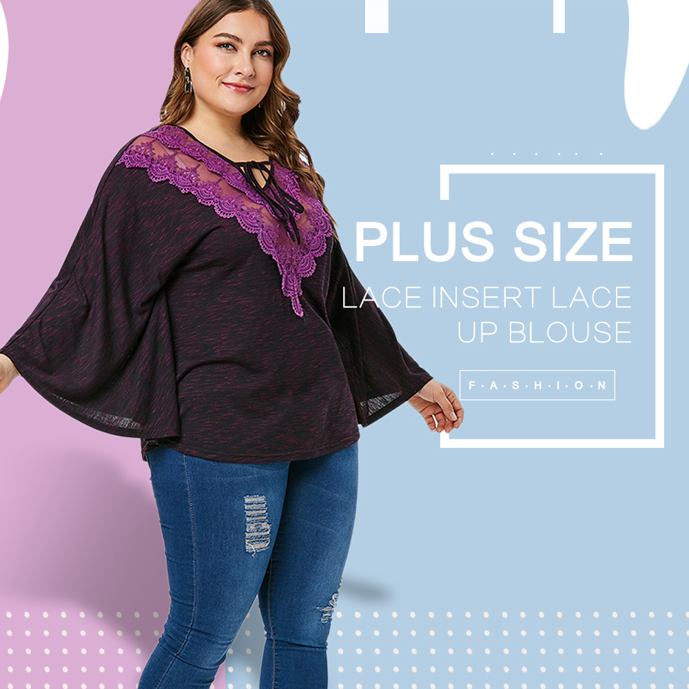 Plus Size Lace Insert Lace Up Blouse