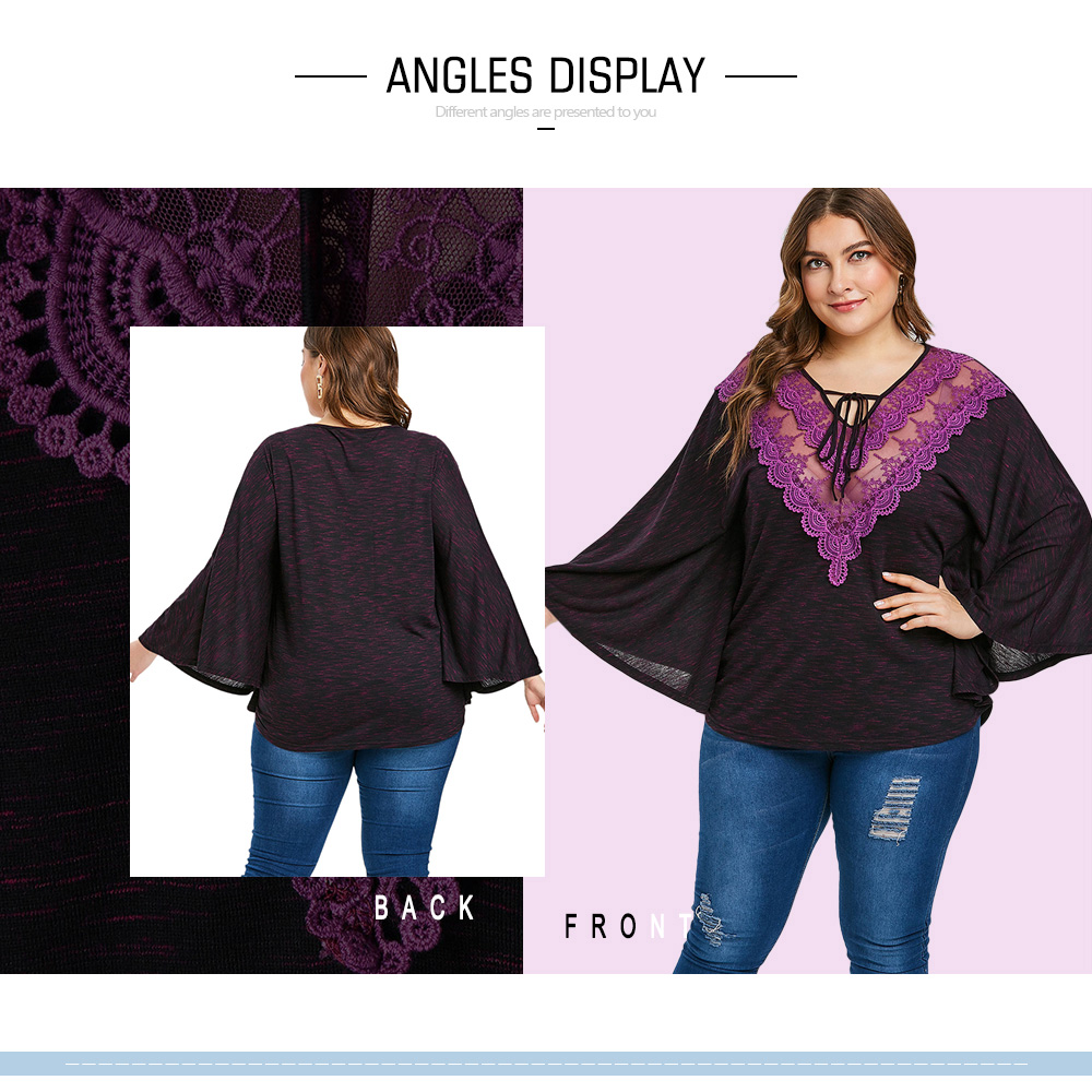 Plus Size Lace Insert Lace Up Blouse