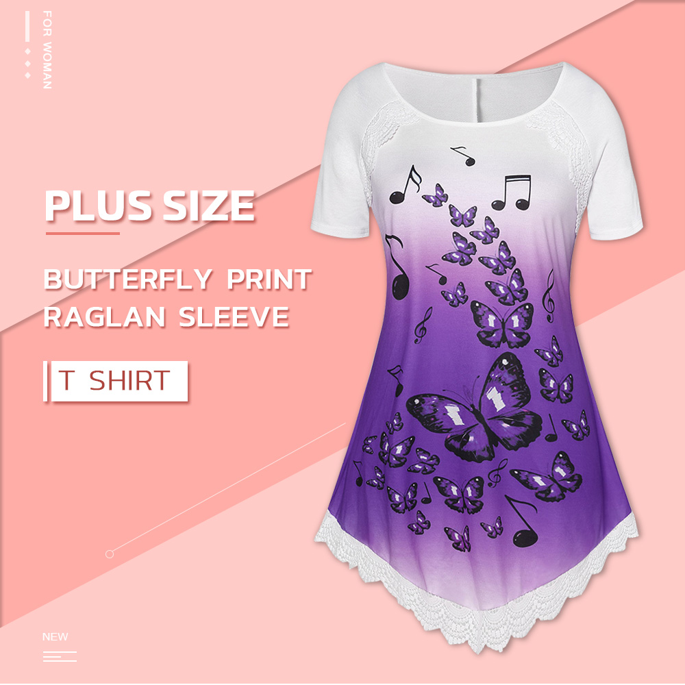 Plus Size Butterfly Print Raglan Sleeve T Shirt