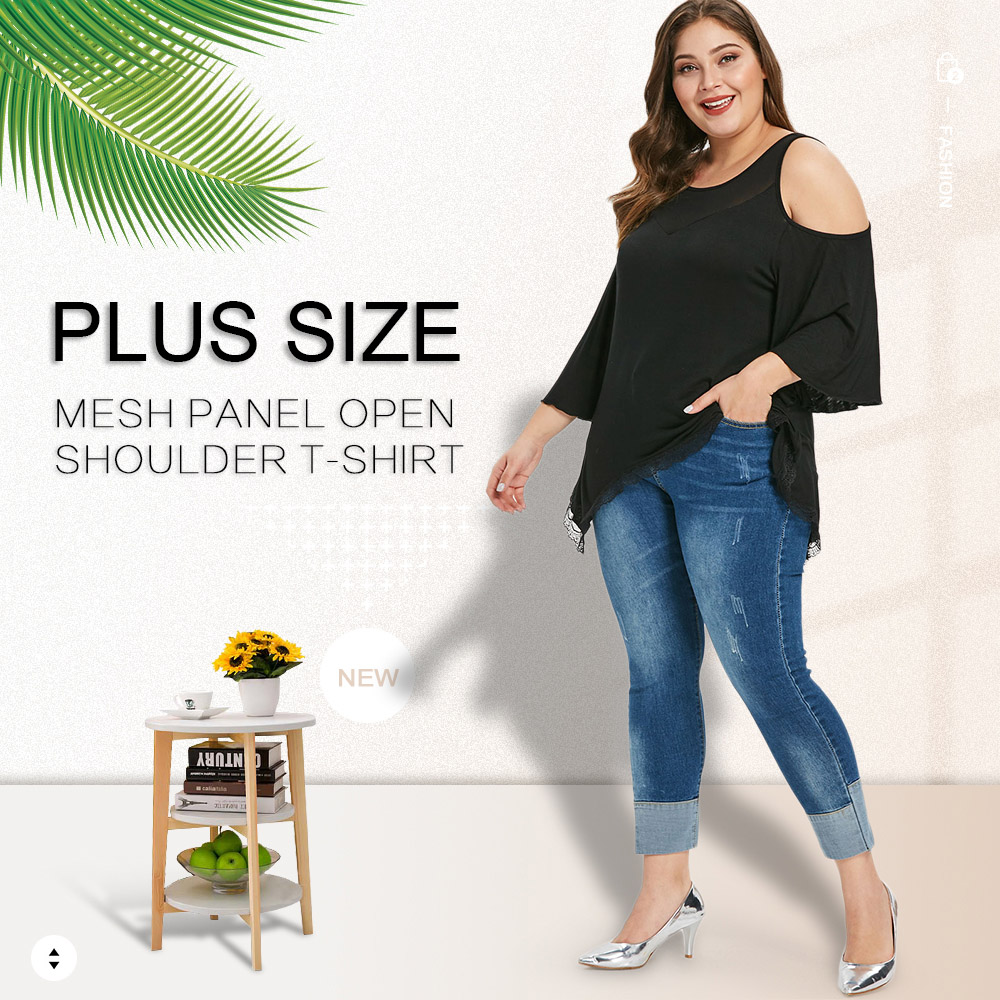 Plus Size Mesh Panel Open Shoulder T-shirt