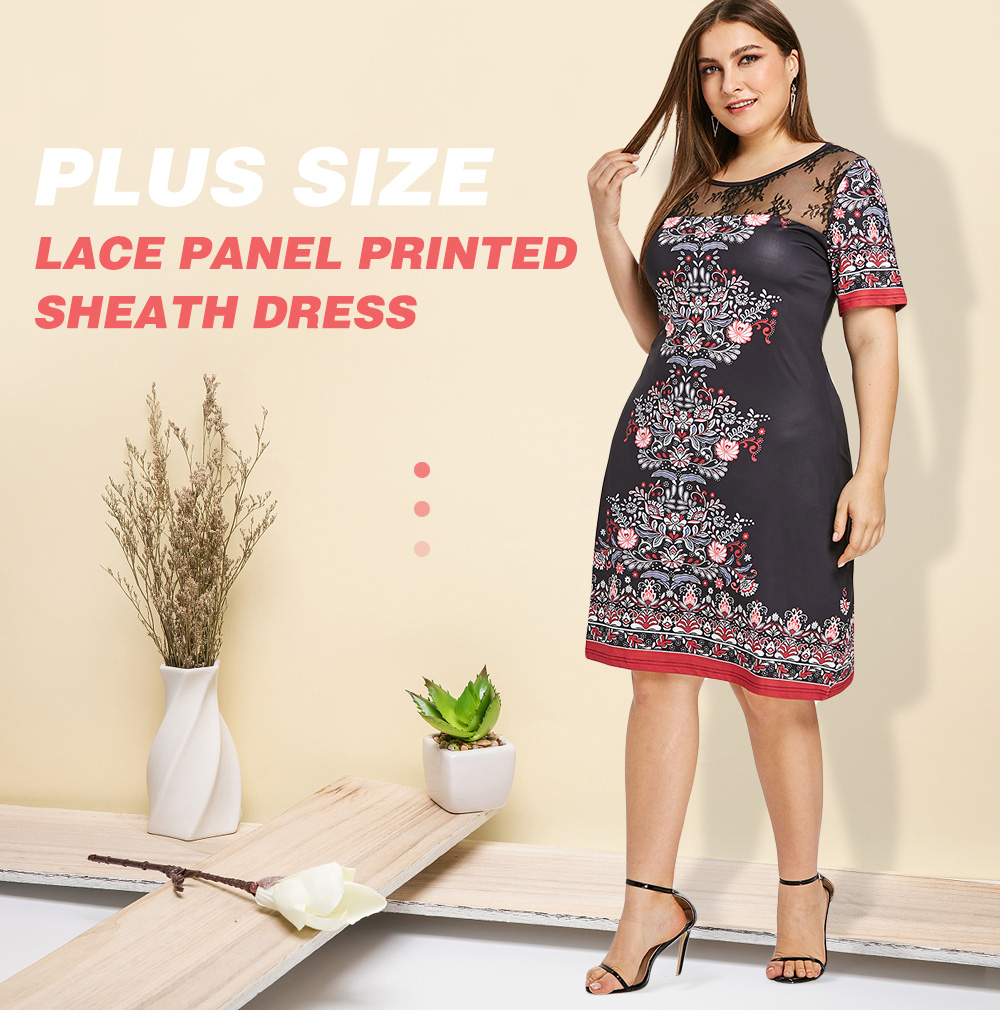 Plus Size Lace Panel Printed Sheath Dress