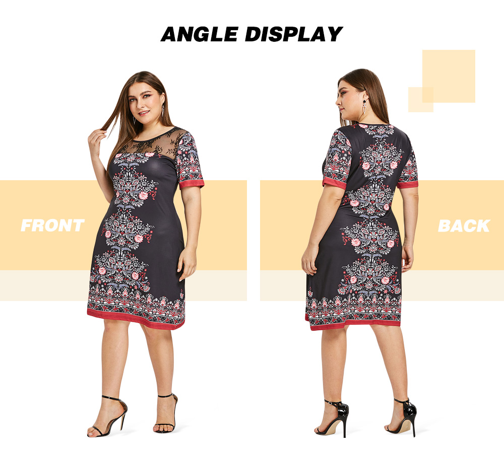 Plus Size Lace Panel Printed Sheath Dress