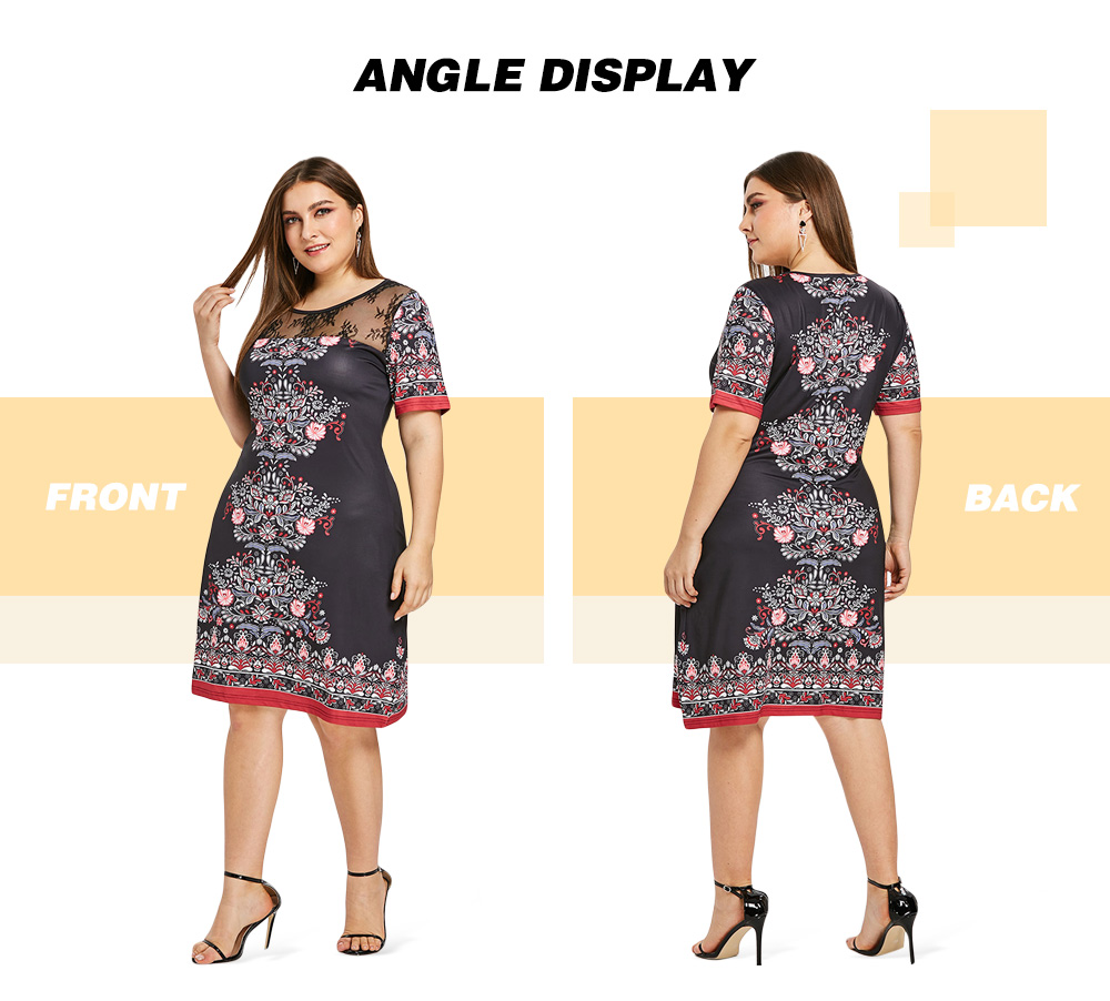 Plus Size Lace Panel Printed Sheath Dress