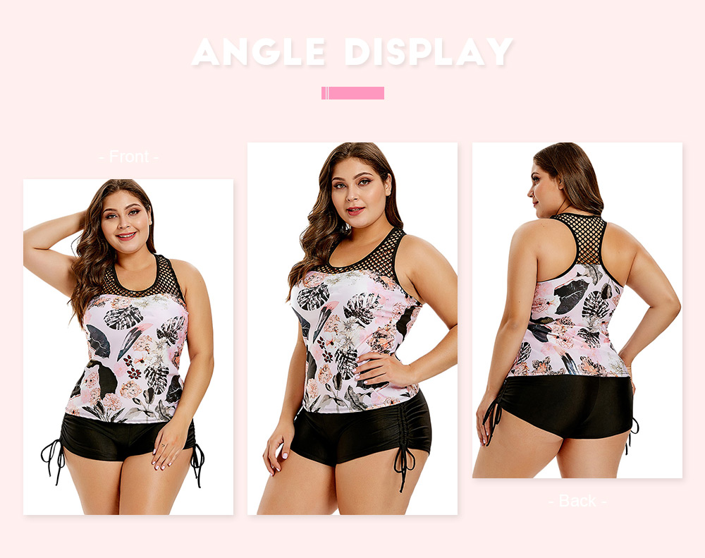 Plus Size Openwork Leaf Print Tankini Set