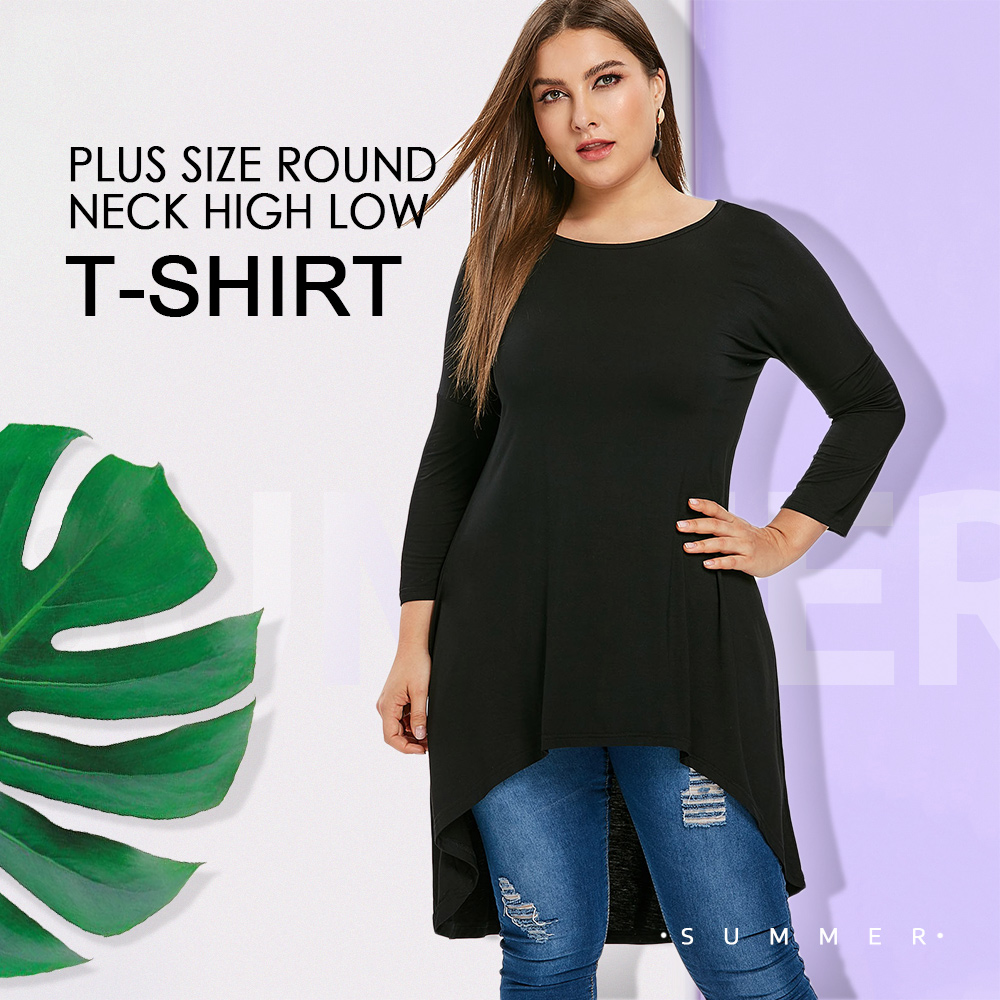 Plus Size Round Neck High Low T-shirt