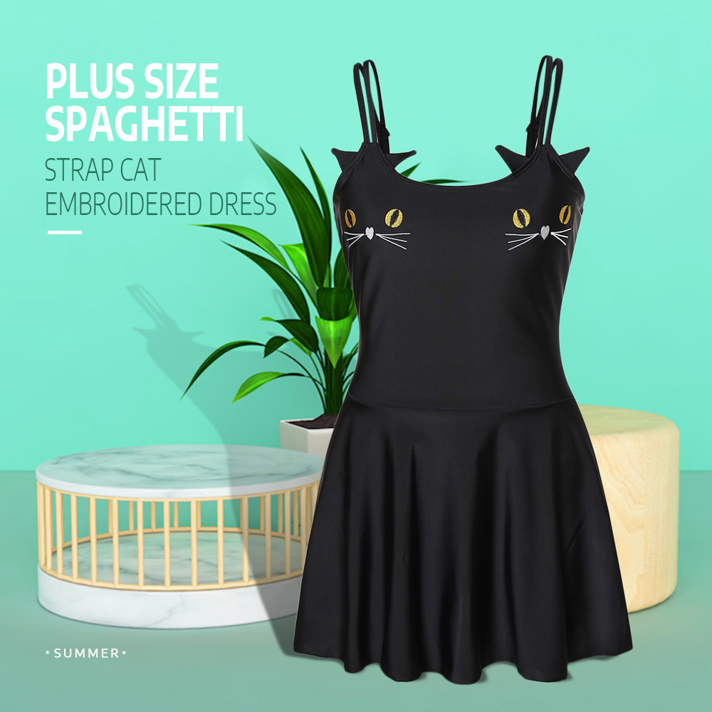Plus Size Spaghetti Strap Cat Embroidered Dress