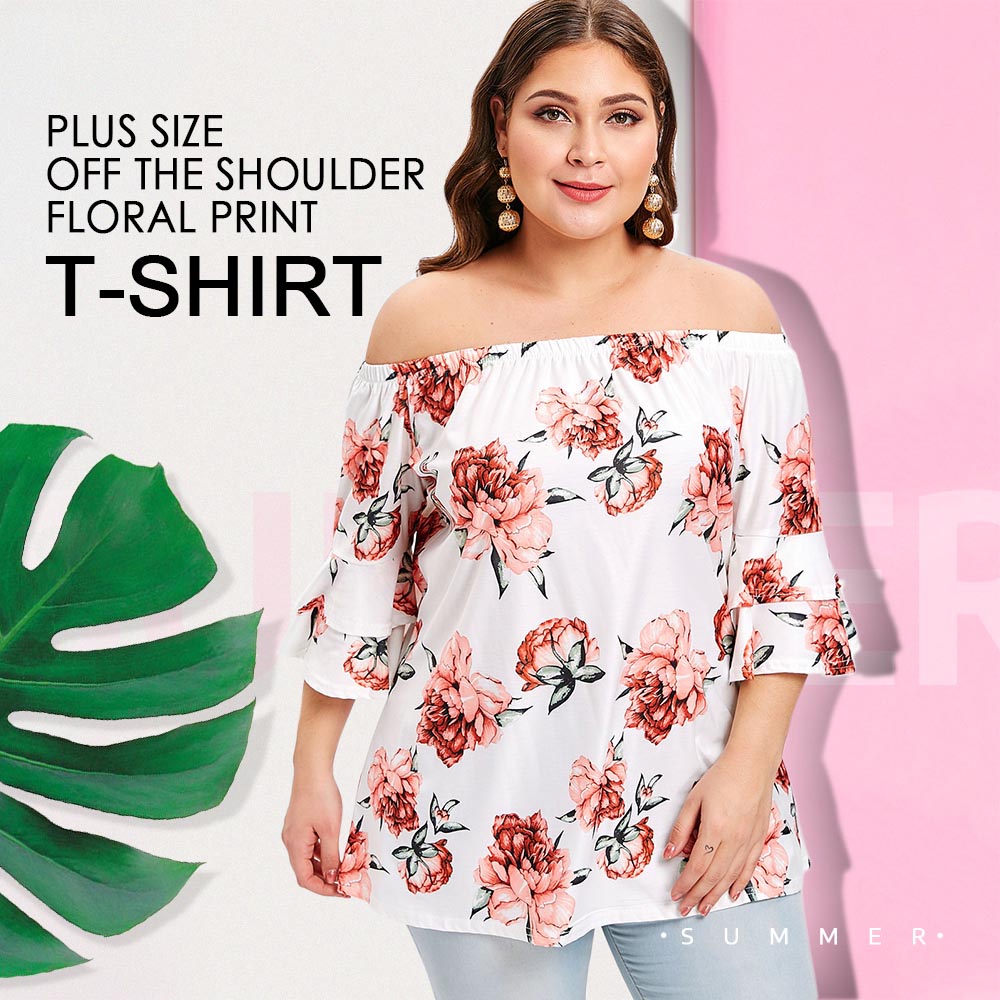 Plus Size Off The Shoulder Floral Print T-shirt