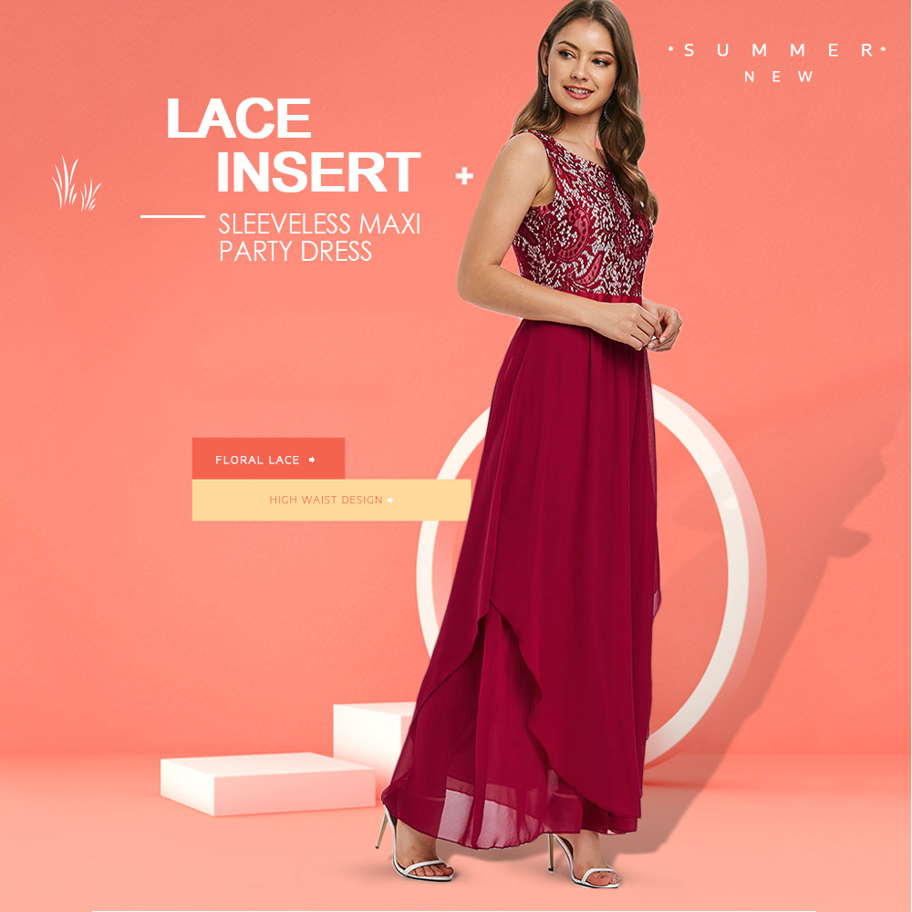 Lace Panel High Waisted Evening Dress