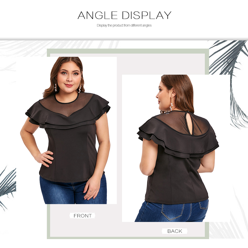 Plus Size Mesh Panel Layered Ruffle T-shirt