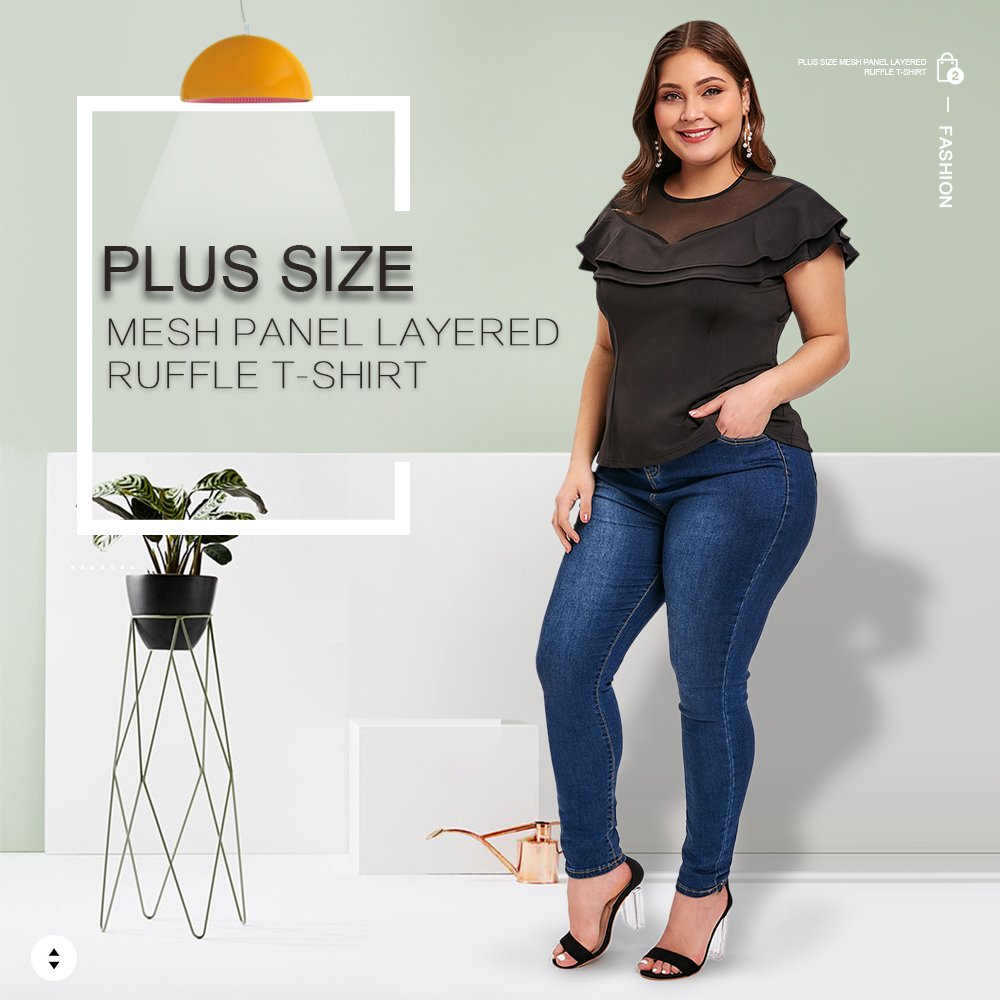 Plus Size Mesh Panel Layered Ruffle T-shirt