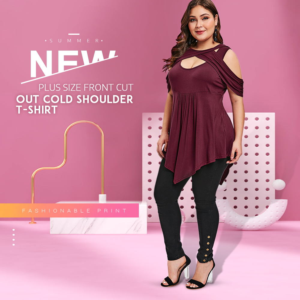 Plus Size Front Cut Out Cold Shoulder T-shirt