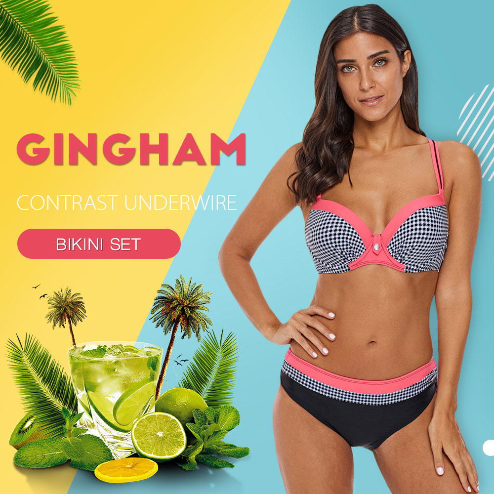 Cinched Gingham Contrast Bikini Set