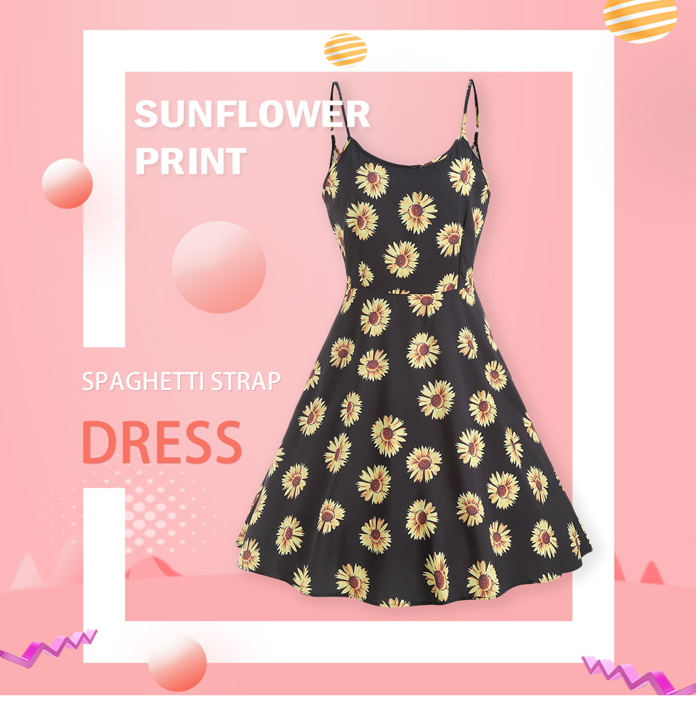 Sunflower Print Spaghetti Strap Flare Dress