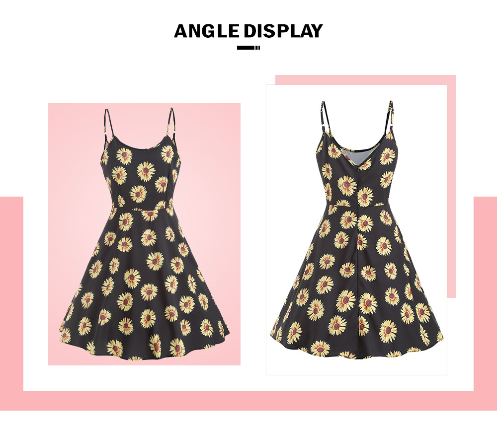 Sunflower Print Spaghetti Strap Flare Dress