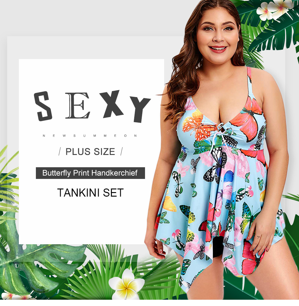 Butterfly Print Handkerchief Plus Size Tankini Set