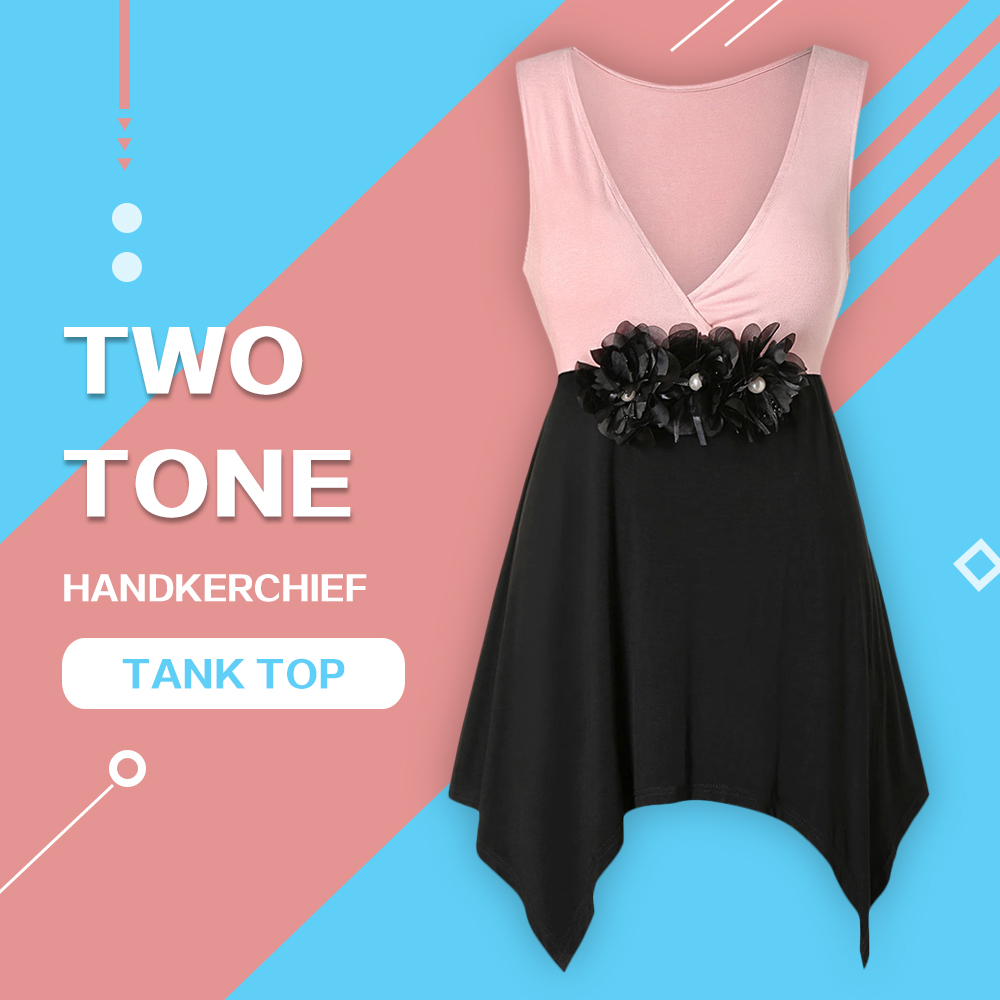Plus Size Two Tone Flower Handkerchief Tank Top