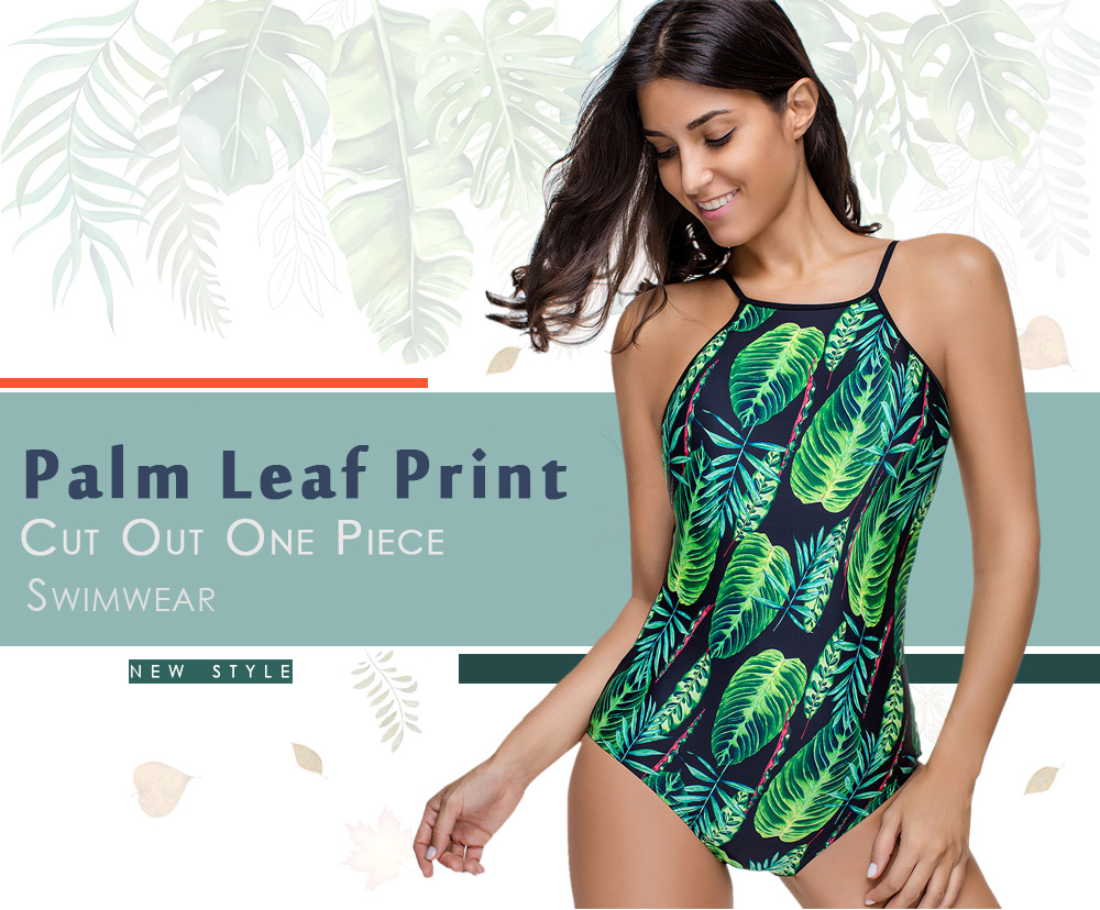 Palm Leaf Print Cut Out One Piece Swimwear