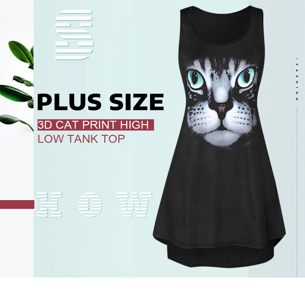 Plus Size 3D Cat Print High Low Tank Top
