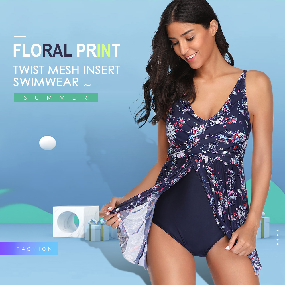 Floral Print Twist Mesh Insert One-piece Swimwear