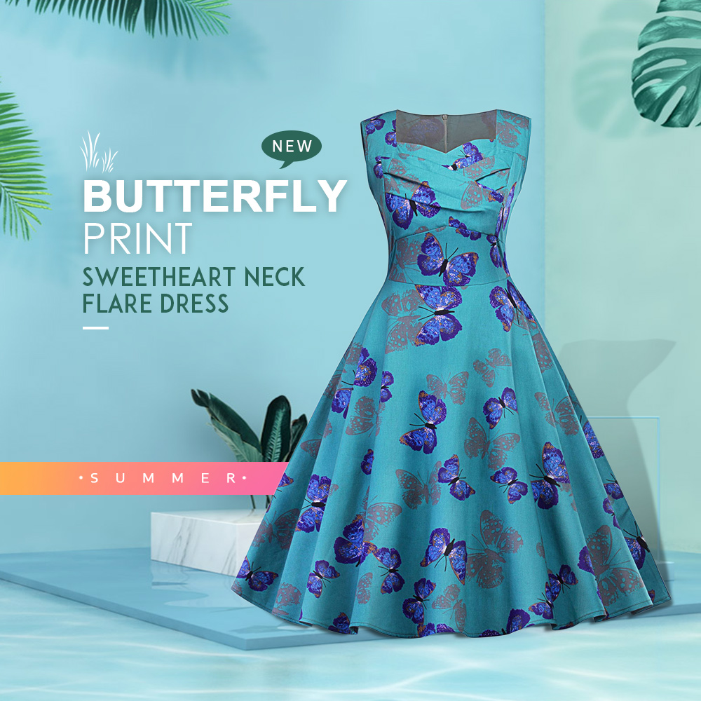 Butterfly Print Sweetheart Neck Flare Dress