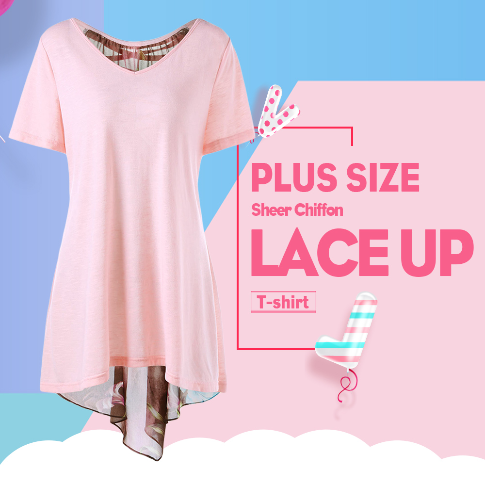 Plus Size Lace Up Chiffon Insert High Low T-shirt