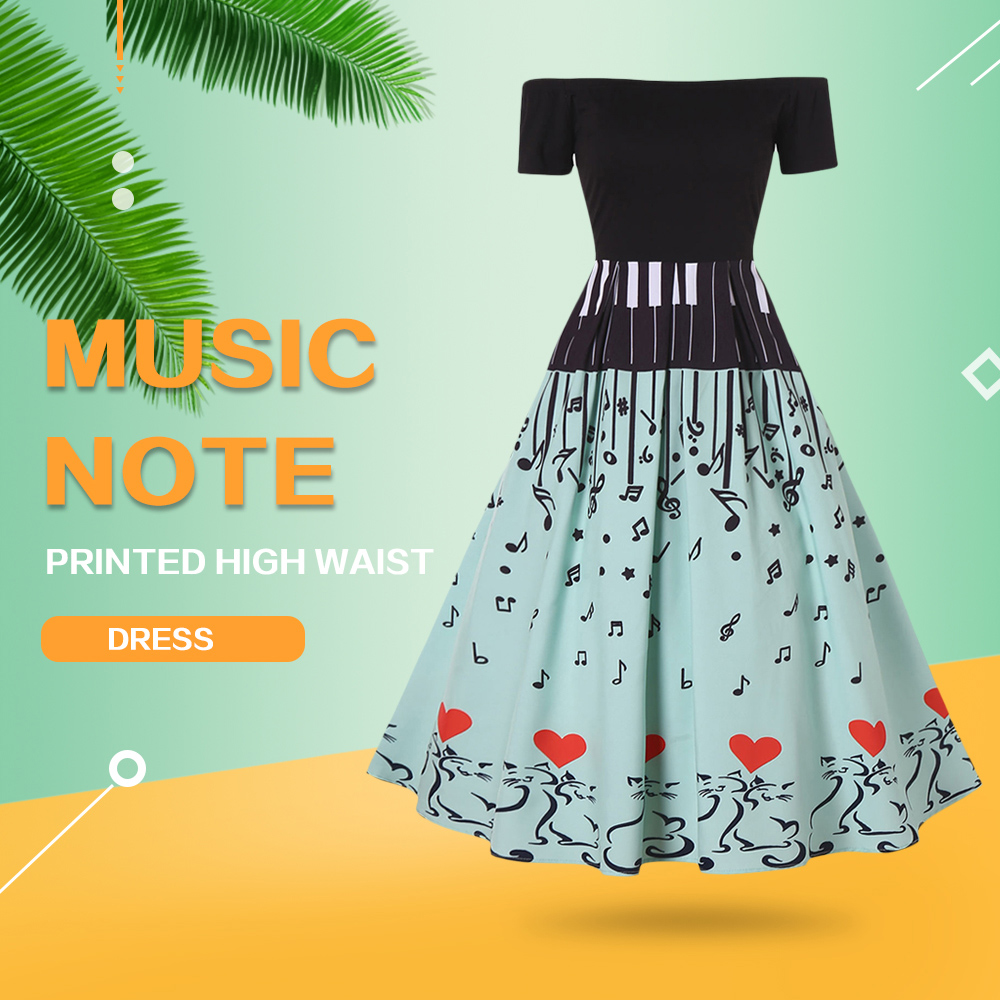 Music Note Printed High Waist Dress