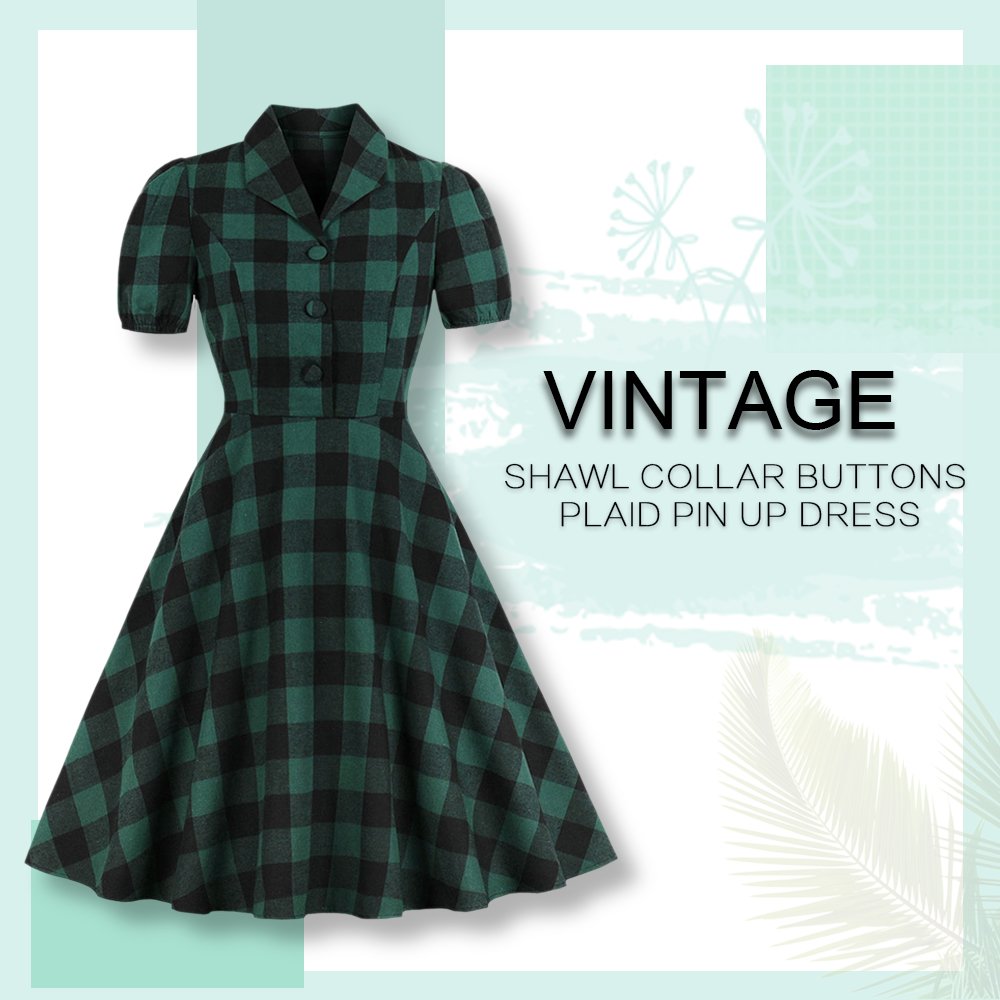 Vintage Shawl Collar Buttons Plaid Pin Up Dress