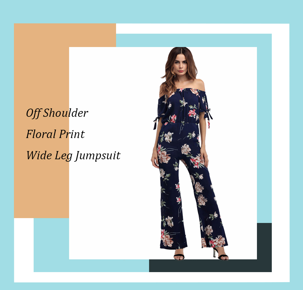 Off Shoulder Floral Print Wide Leg Jumpsuit