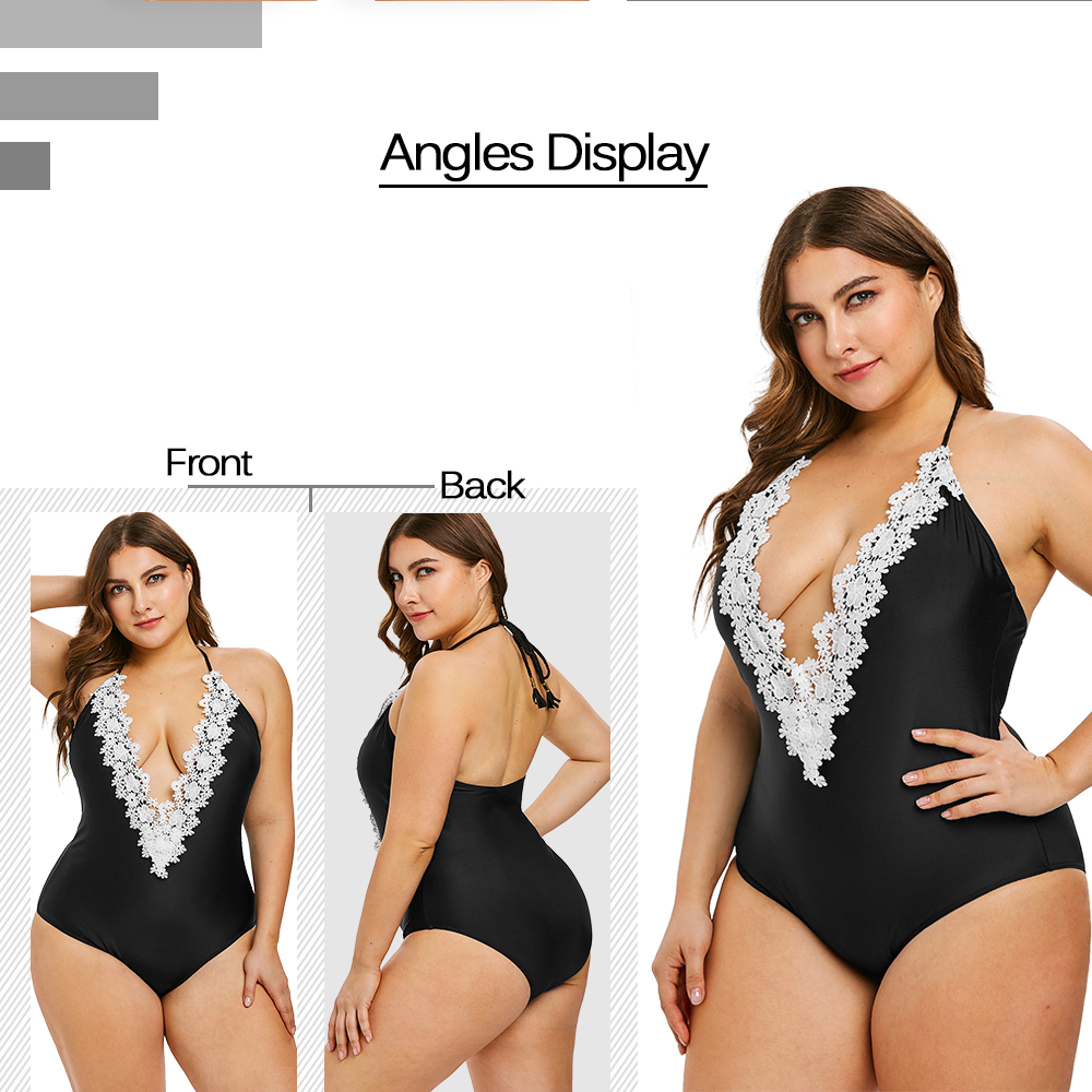 Plus Size Halter Neck Applique Swimwear