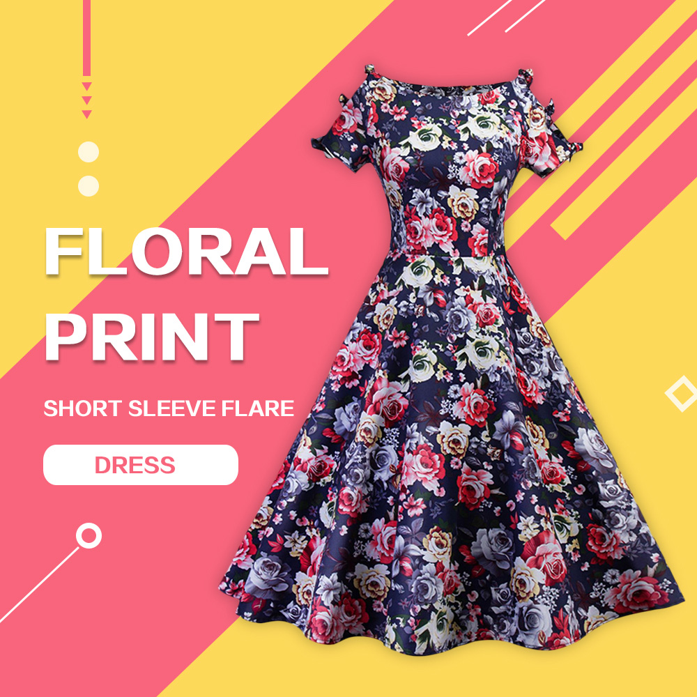 Floral Print Short Sleeve Flare Dress