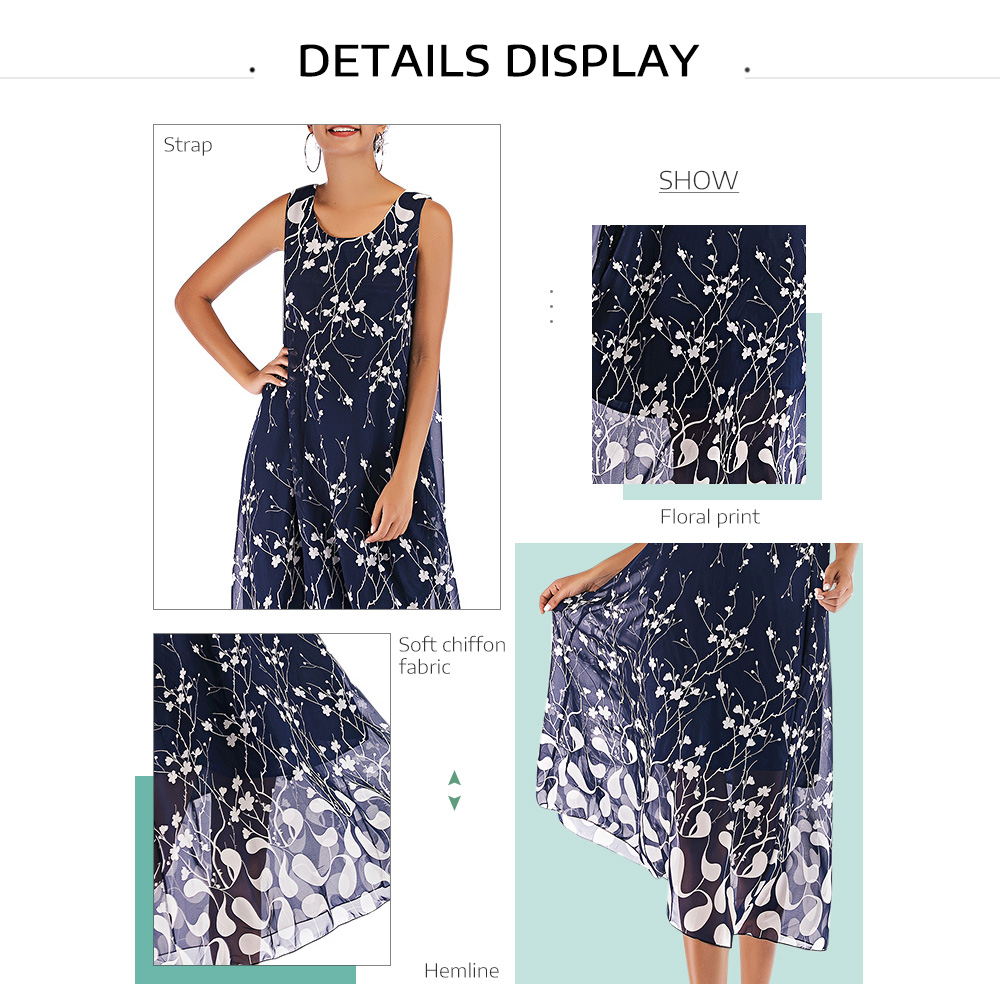 Sleeveless Floral Print Round Collar Chiffon Women Dress