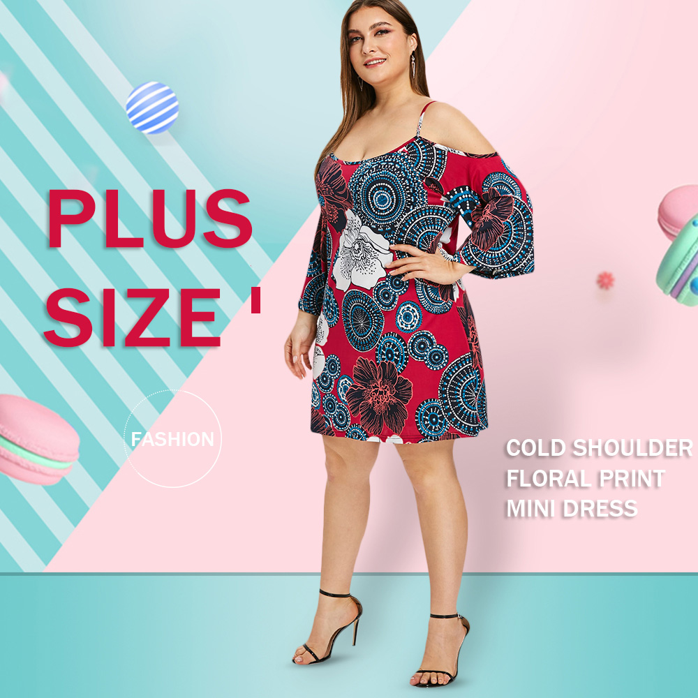 Plus Size Cold Shoulder Floral Mini Dress