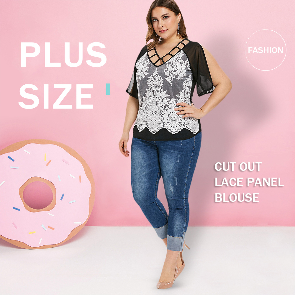 Plus Size Cut Out Lace Panel Blouse